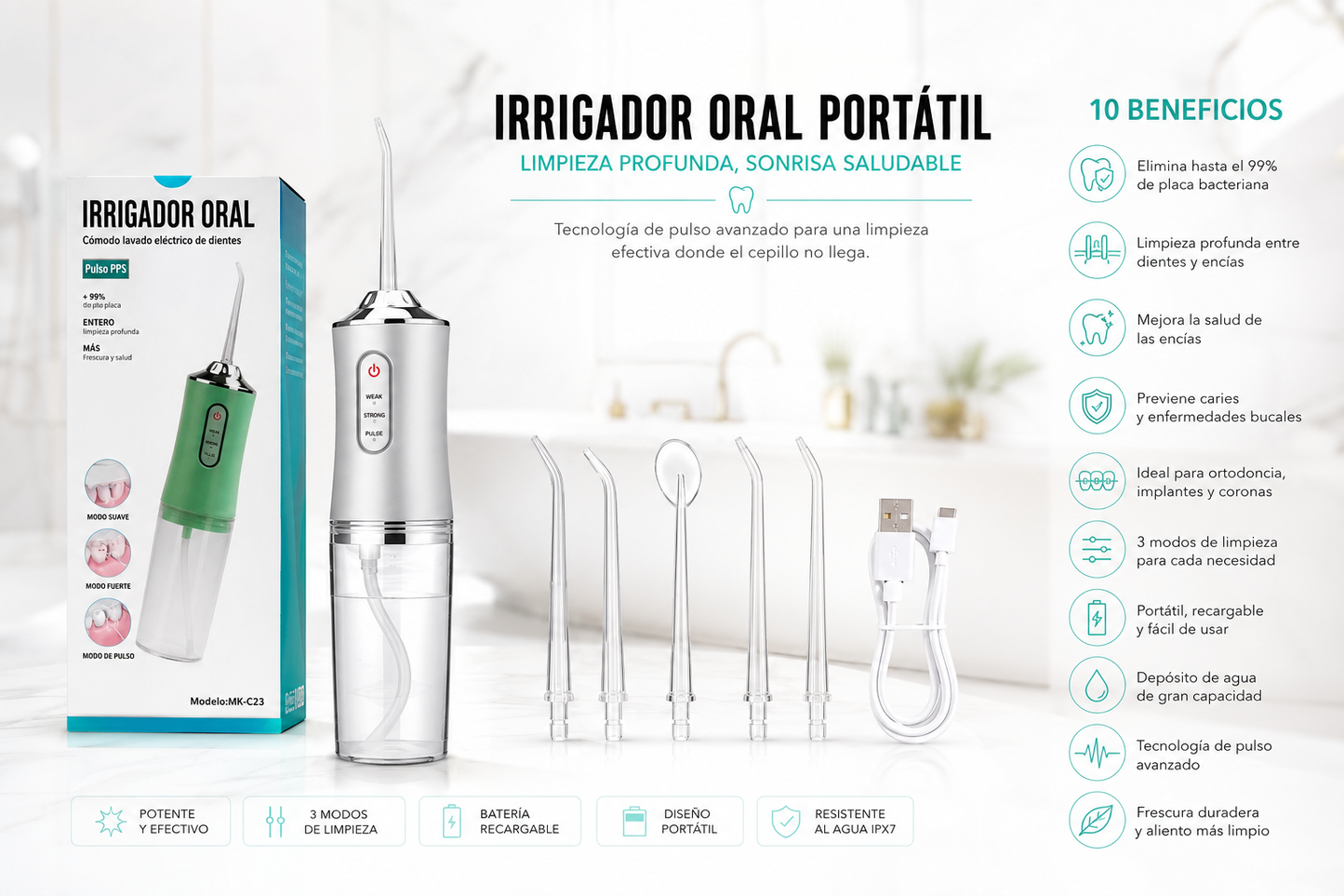 AquaSmile Pro™ | Irrigador Dental Portátil para una Limpieza Más Completa
