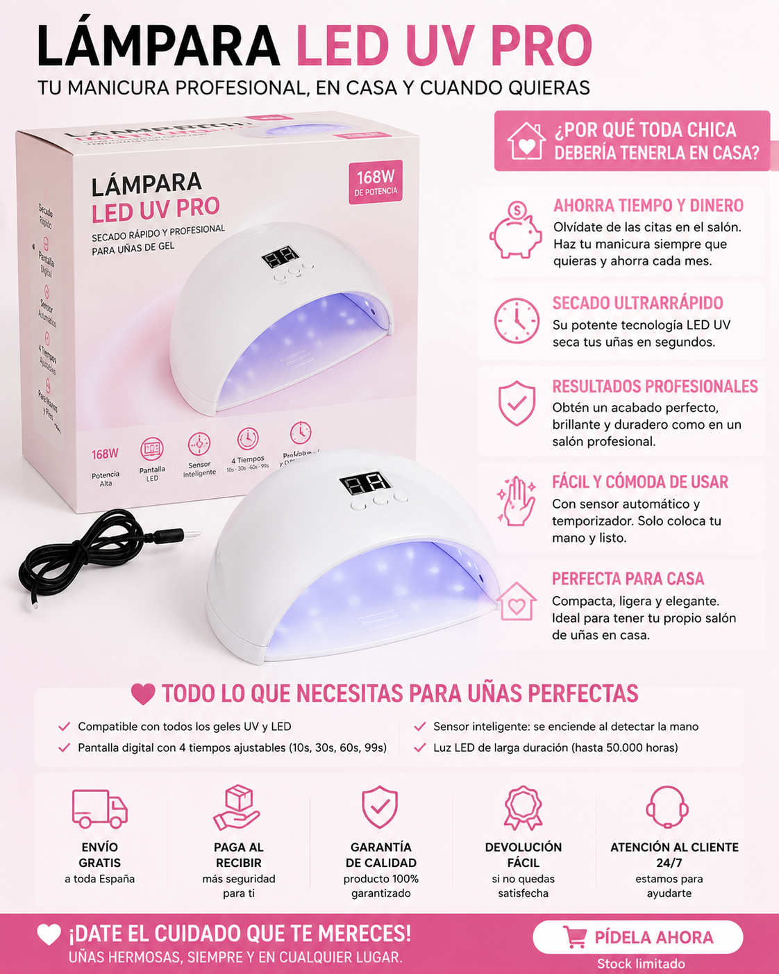 💅 Lámpara LED UV Pro 168W – Secado Rápido para Uñas de Gel | Pantalla Digital y Temporizador Inteligente